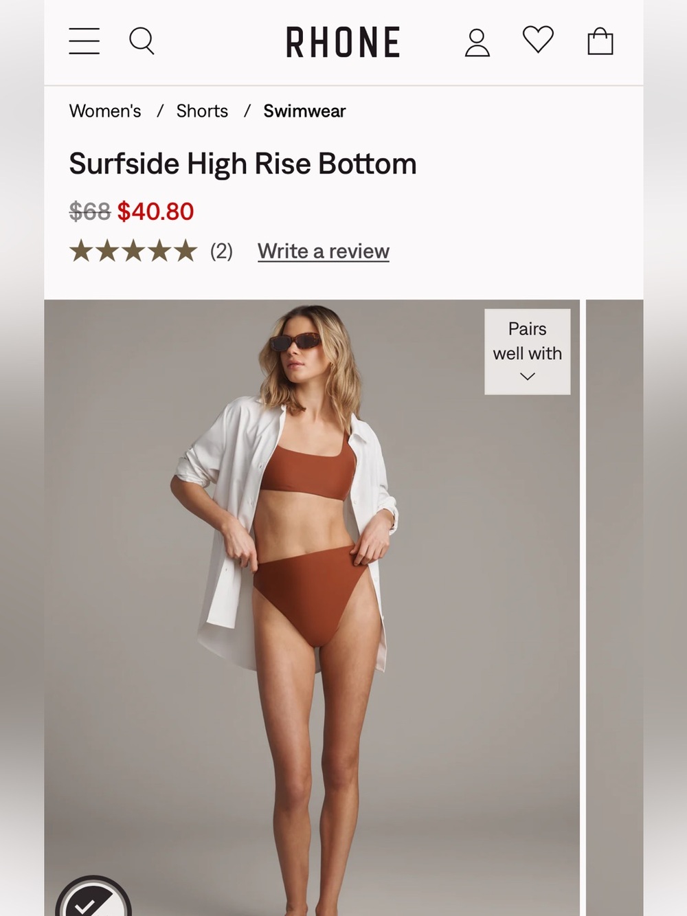 NWT RHONE Surfside High Rise Bikini Bottom - Terracota
